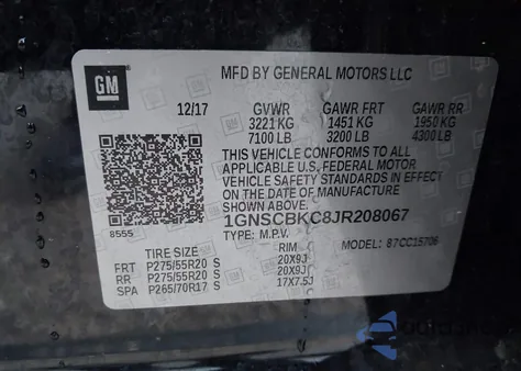 2018 Chevrolet Tahoe Lt z USA, uszkodzony, nr VIN 1GNSCBKC8JR208067